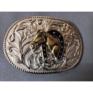 G&uuml;rtelschnalle Pferd mit Hufeisen Silber Gold Buckle